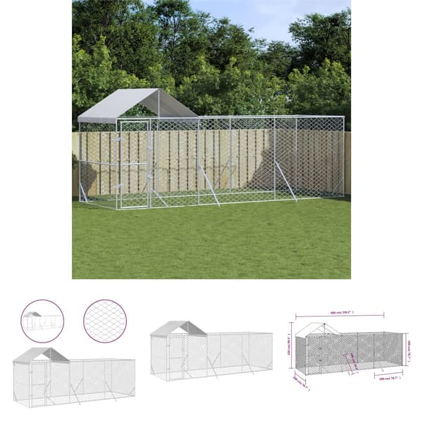 The Living Store udendørs hundegård med tag 6x2x2,5 m galvaniseret stål sølv -  Hundebure & løbegårde