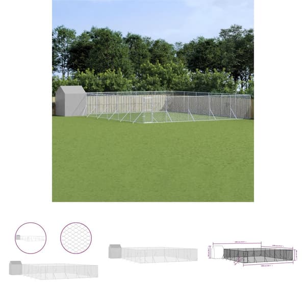 The Living Store udendørs hundegård med tag 12x12x2,5 m galvaniseret stål sølv -  Hundebure & løbegårde