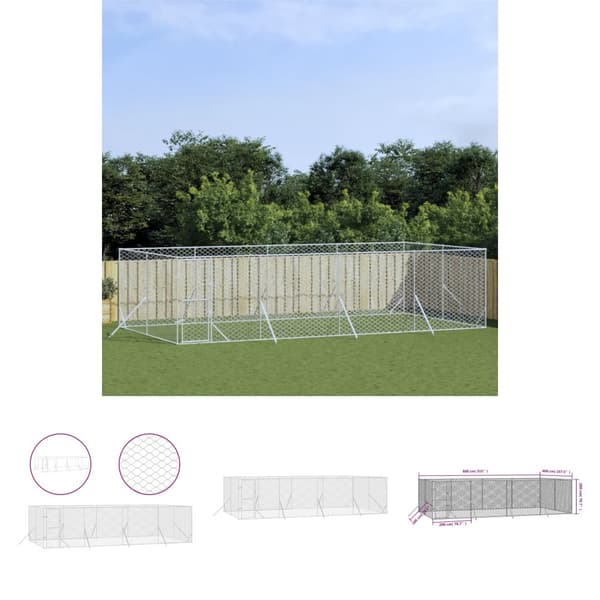 The Living Store udendørs hundegård 8x4x2 m galvaniseret stål sølvfarvet - Hundebure & løbegårde