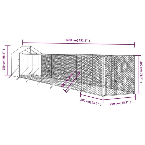 The Living Store Koiran ulkohäkki katolla hopea 2x14x2,5 m galvanoitu teräs - Koiranhäkit & aitaukset