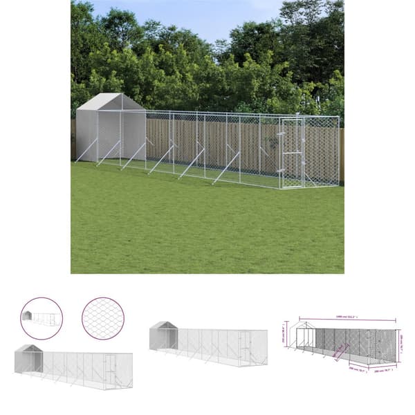 The Living Store Koiran ulkohäkki katolla hopea 2x14x2,5 m galvanoitu teräs -  Koiranhäkit & aitaukset