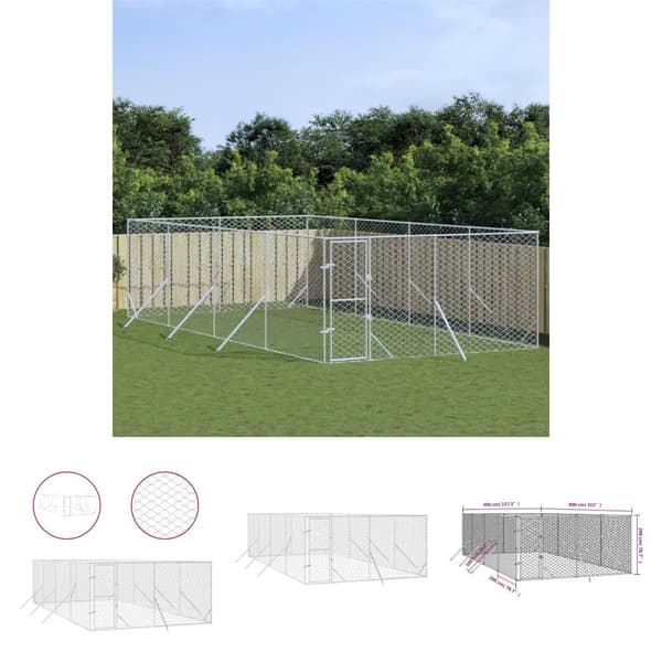 The Living Store udendørs hundegård 4x8x2 m galvaniseret stål sølvfarvet -  Hundebure & løbegårde