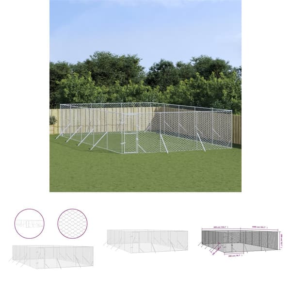 The Living Store udendørs hundegård 6x10x2 m galvaniseret stål sølvfarvet -  Hundebure & løbegårde