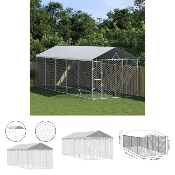 The Living Store udendørs hundegård med tag 3x7,5x2,5 m galvaniseret stål sølv -  Hundebure & løbegårde