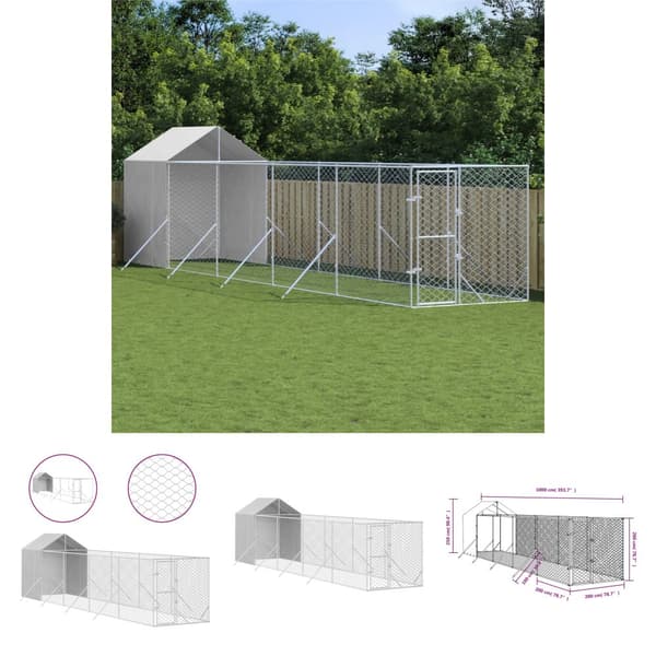 The Living Store Koiran ulkohäkki katolla hopea 2x10x2,5 m galvanoitu teräs - Koiranhäkit & aitaukset