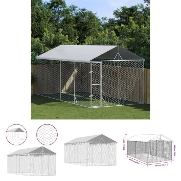 The Living Store udendørs hundegård med tag 3x6x2,5 m galvaniseret stål sølv -  Hundebure & løbegårde