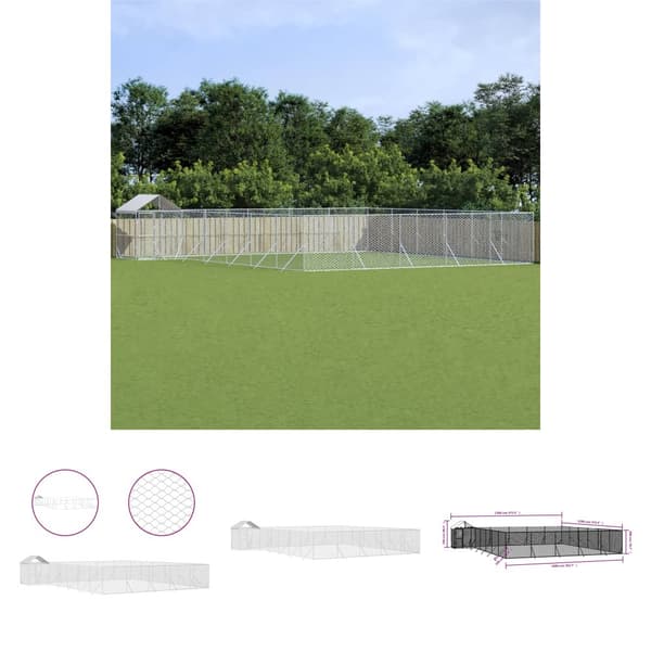 The Living Store udendørs hundegård med tag 12x12x2,5 m galvaniseret stål sølv -  Hundebure & løbegårde