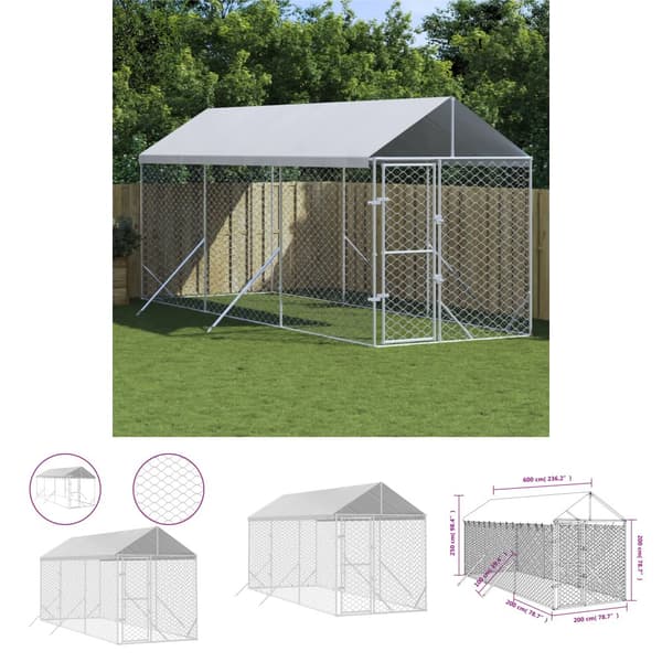 The Living Store Hundgård med tak silver 2x6x2,5 m galvaniserat stål - Hundkojor & rastgårdar