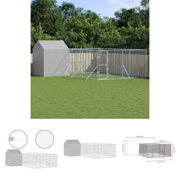 The Living Store udendørs hundegård med tag 6x6x2,5 m galvaniseret stål sølv -  Hundebure & løbegårde