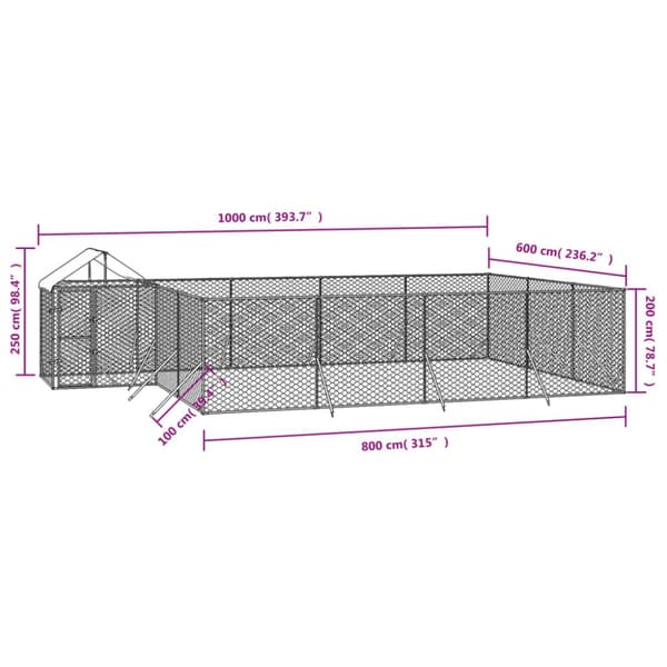 The Living Store Koiran ulkohäkki katolla hopea 10x6x2,5 m galvanoitu teräs - Koiranhäkit & aitaukset