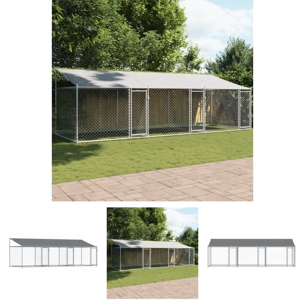 The Living Store hundegård med tag og låger 6x2x2 m galvaniseret stål grå -  Hundebure & løbegårde