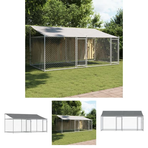 The Living Store hundegård med tag og låger 4x2x2 m galvaniseret stål grå -  Hundebure & løbegårde