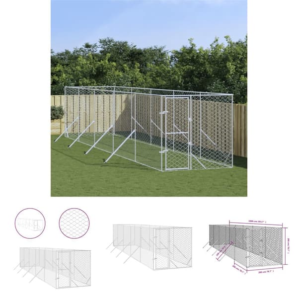 The Living Store Koiran ulkohäkki hopea 2x10x2 m galvanoitu teräs - Koiranhäkit & aitaukset
