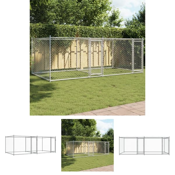 The Living Store hundegård med låge 4x2x1,5 m galvaniseret stål grå - Hundebure & løbegårde