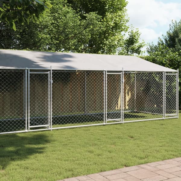 The Living Store Koiranhäkki katolla ja ovilla harmaa 8x2x2 m galvanoitu teräs - Koiranhäkit & aitaukset