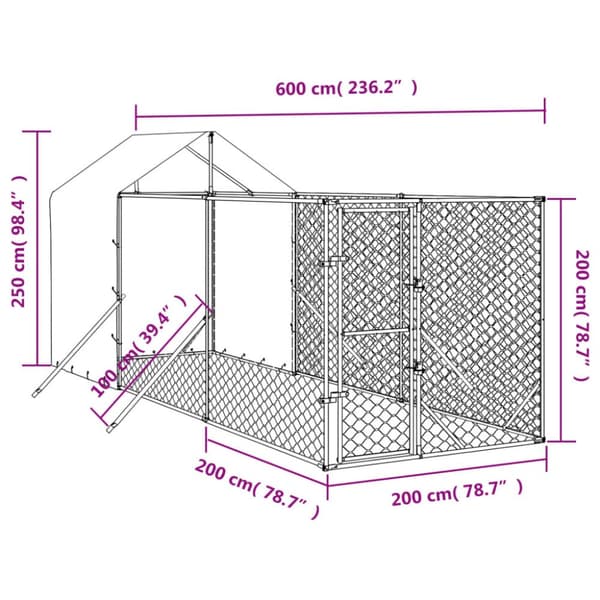 Koiranhäkit & aitaukset - Living Koiran ulkohäkki katolla hopea 2x6x2,5 m galvanoitu teräs