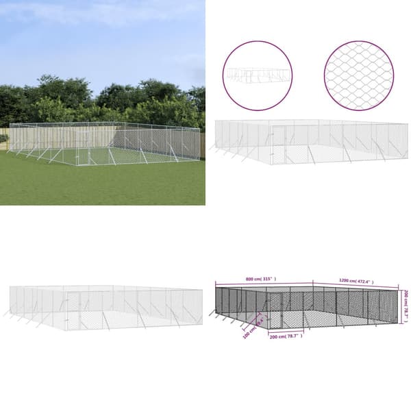 Udendørs hundegård 8x12x2 m galvaniseret stål sølvfarvet - Hundegård - Hundegårde - Home & Living