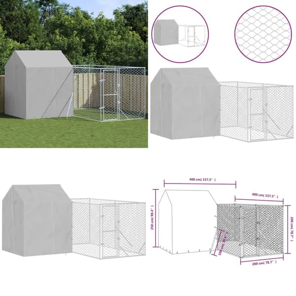 Koiran ulkohäkki katolla hopea 4x4x2,5 m galvanoitu teräs - Koiran Ulkohäkki - Koiran Ulkohäkit - Home & Living