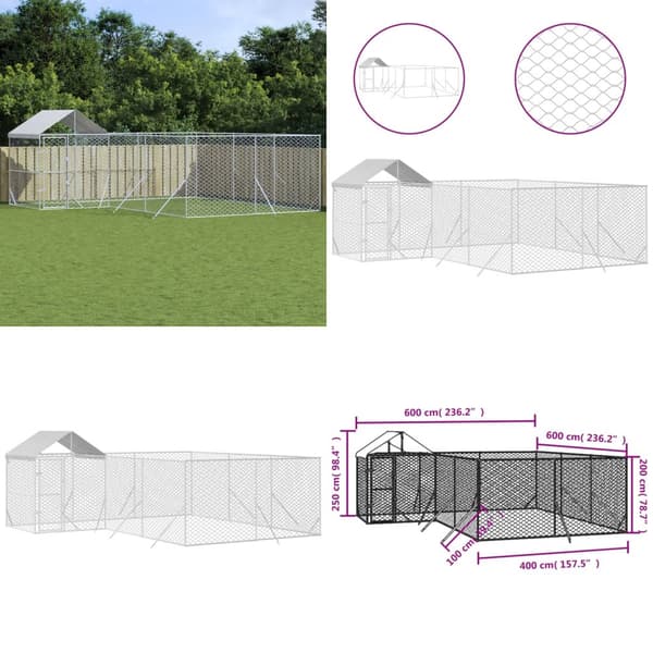 Koiran ulkohäkki katolla hopea 6x6x2,5 m galvanoitu teräs - Koiran Ulkohäkki - Koiran Ulkohäkit - Home & Living