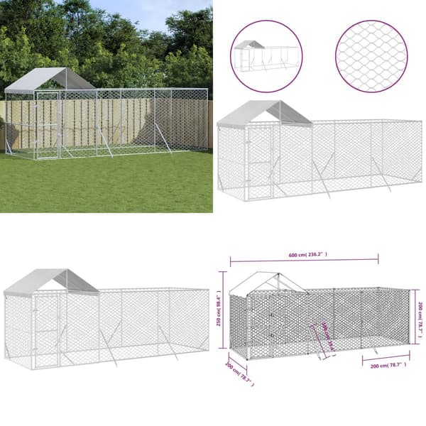 Hundgård med tak silver 6x2x2,5 m galvaniserat stål - Hundgård - Hundgårdar - Home & Living
