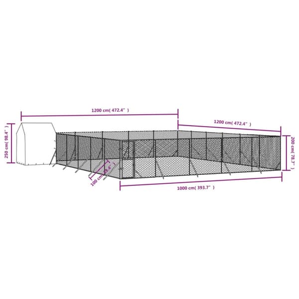 Koiran ulkohäkki katolla hopea 12x12x2,5 m galvanoitu teräs - Koiran Ulkohäkki - Koiran Ulkohäkit - Home & Living