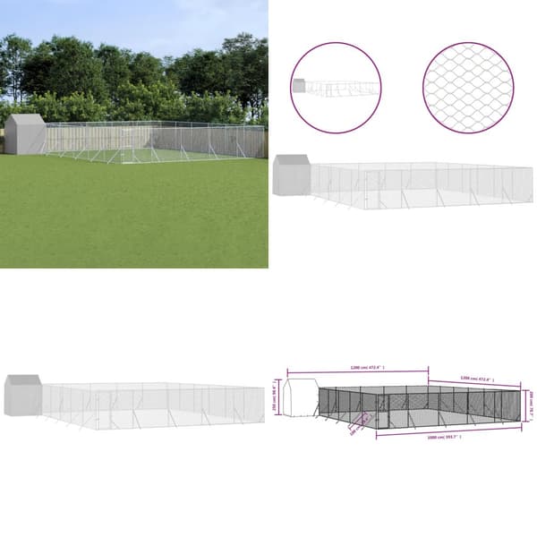 Koiran ulkohäkki katolla hopea 12x12x2,5 m galvanoitu teräs - Koiran Ulkohäkki - Koiran Ulkohäkit - Home & Living