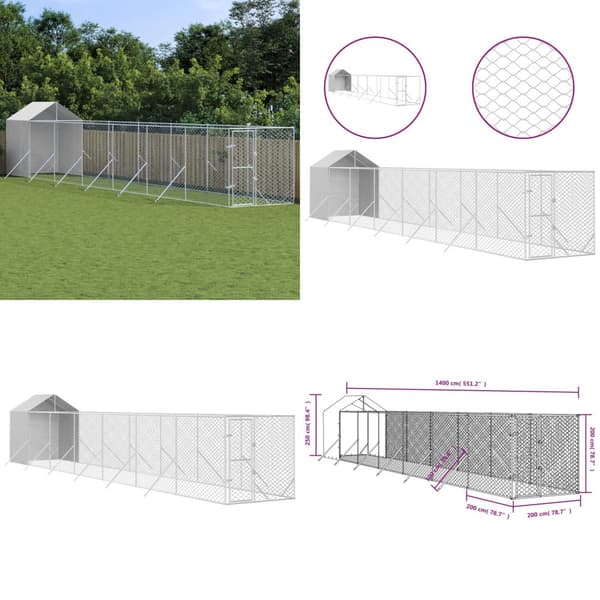 Koiran ulkohäkki katolla hopea 2x14x2,5 m galvanoitu teräs - Koiran Ulkohäkki - Koiran Ulkohäkit - Home & Living