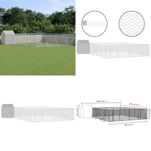 Udendørs hundegård med tag 10x10x2,5 m galvaniseret stål sølv - Hundegård - Hundegårde - Home & Living