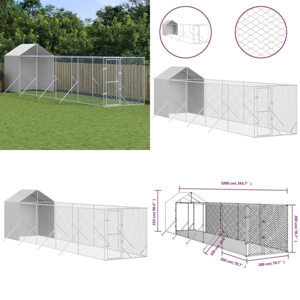 Udendørs hundegård med tag 2x10x2,5 m galvaniseret stål sølv - Hundegård - Hundegårde - Home & Living