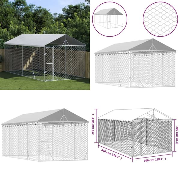 Udendørs hundegård med tag 3x6x2,5 m galvaniseret stål sølv - Hundegård - Hundegårde - Home & Living