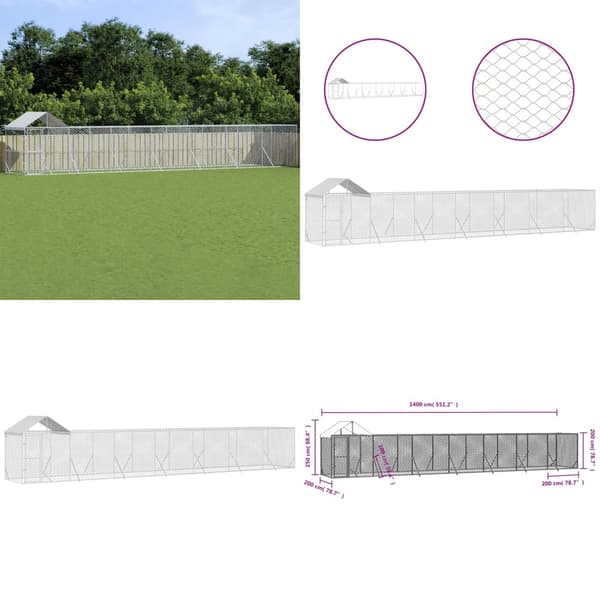 Udendørs hundegård med tag 14x2x2,5 m galvaniseret stål sølv - Hundegård - Hundegårde - Home & Living