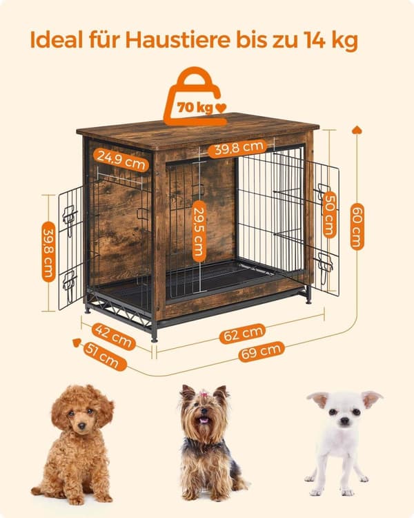 Rootz Vintage Brown -koiran häkki - Lemmikkieläinhäkki - Kennel - Lastulevy- ja teräsrakenne - Tilava sisustus - Helppo koota - 69 cm x 51 cm x 60 cm
