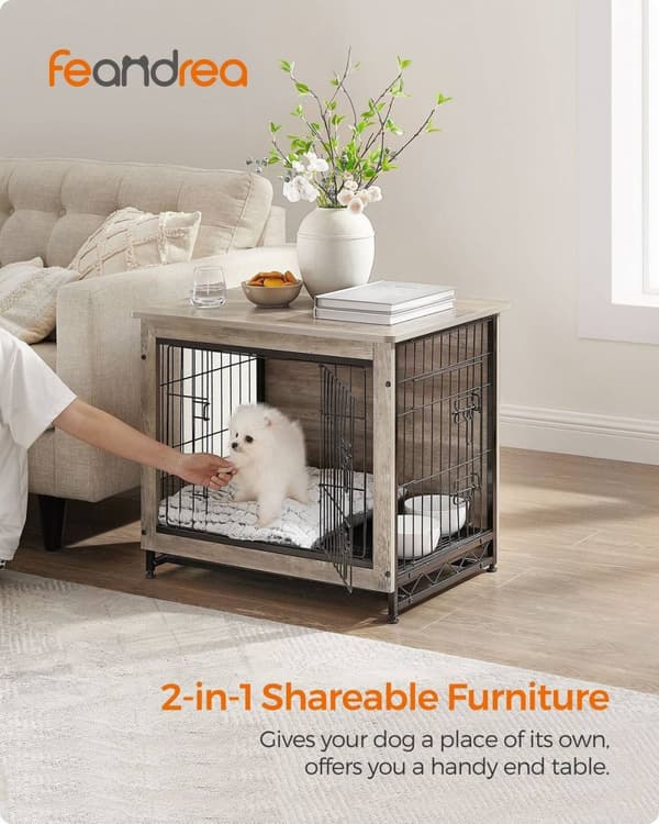 Rootz Greige Hundebur - Kæledyrsbur - Kennel - Spånplade- og stålkonstruktion - Rummeligt interiør - Nem montering - 69 cm x 51 cm x 60 cm