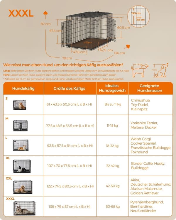 Rootz Heavy Duty Hundetransportkasse - Kæledyrsbur - Stålbur - Plastbakke - Nem montering - Rummeligt interiør - Sikkert låsesystem - 136 cm x 79 cm x