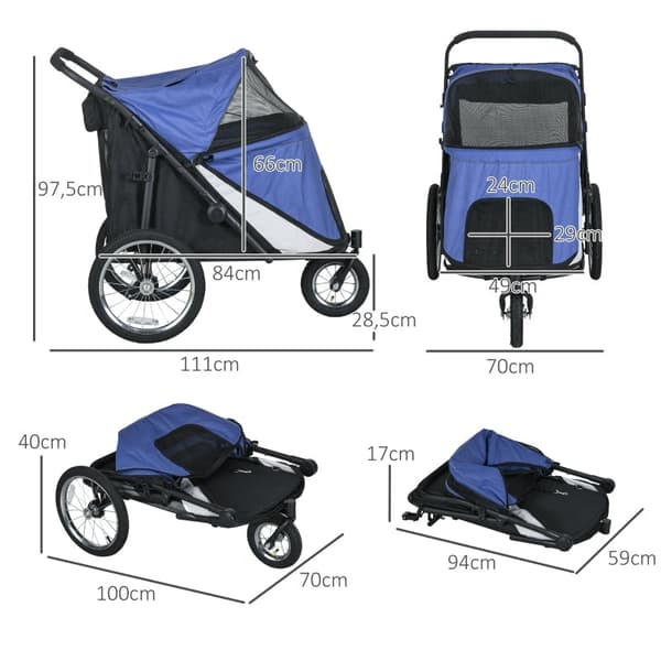 Rootz PawHut kokoontaitettava pop-up koirarattaat - Pet Buggy - Koirakärry - Helposti taitettava - Saranoitu katos - Suuret kumirenkaat - 111cm x 70cm
