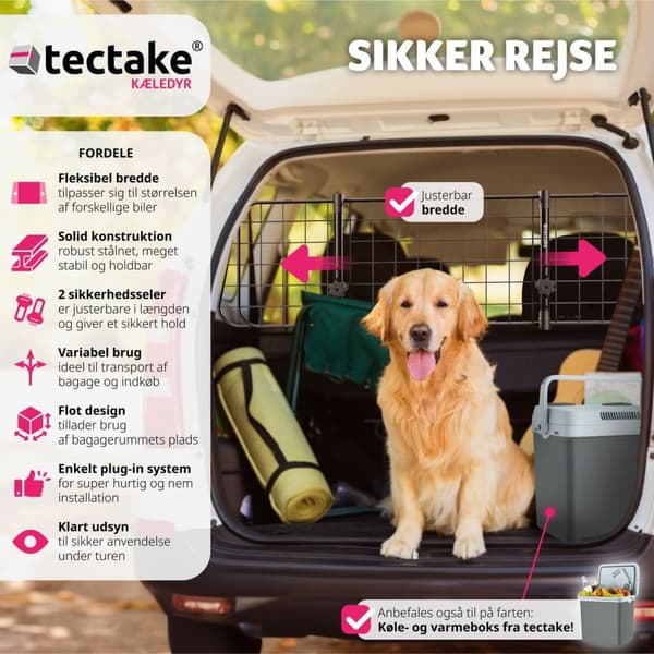 Hundegitter til bil Balu, breddejusterbar, 2 sikkerhedsseler - sort