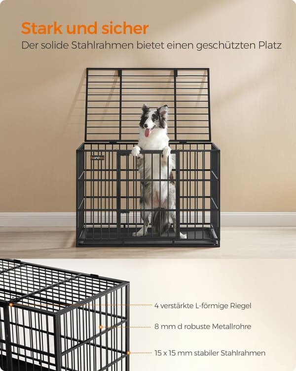Rootz Steel Hundebur - Kæledyrsbur - Stor Kennel - Heavy-Duty - 107 cm x 70 cm x 75 cm - Blæk sort - 18,8 kg Vægt - Inkluderer bundbakke