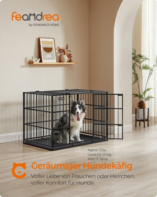 Rootz Steel Hundebur - Kæledyrsbur - Stor Kennel - Heavy-Duty - 107 cm x 70 cm x 75 cm - Blæk sort - 18,8 kg Vægt - Inkluderer bundbakke
