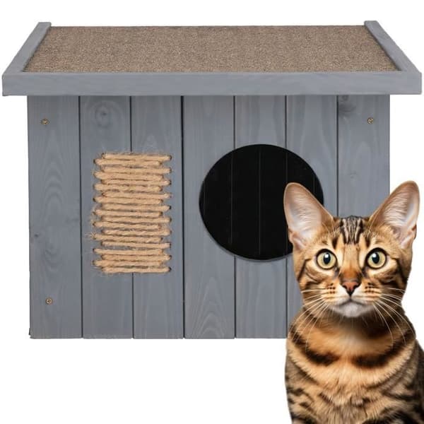 Springos® utomhus katthus i trä 49,5 x 58 x 36 cm, katthem med platt tak, kattskrapstolpe