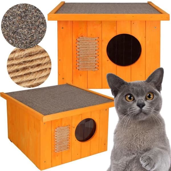 Kattens hus - Springos® - Trämodell - 49,5 x 58 x 36 cm - Väderbeständig - Orange