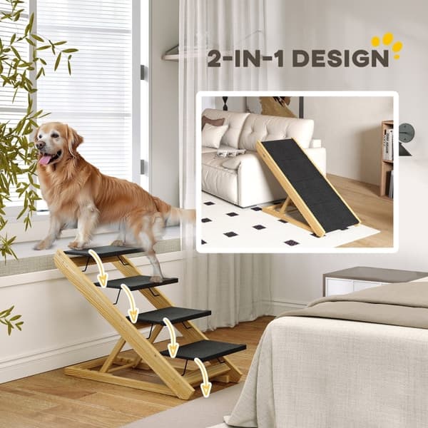 Rootz Pet Stairs - Hundtrappa & -ramp - Furu - Justerbar höjd - Vikbar design - Halkfri yta - 83cm x 40cm x 62,5cm