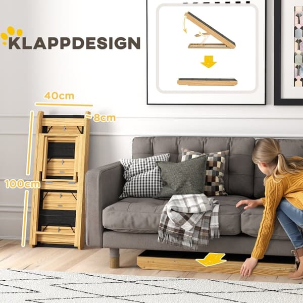 Rootz Pet Stairs - Hundtrappa & -ramp - Furu - Justerbar höjd - Vikbar design - Halkfri yta - 83cm x 40cm x 62,5cm