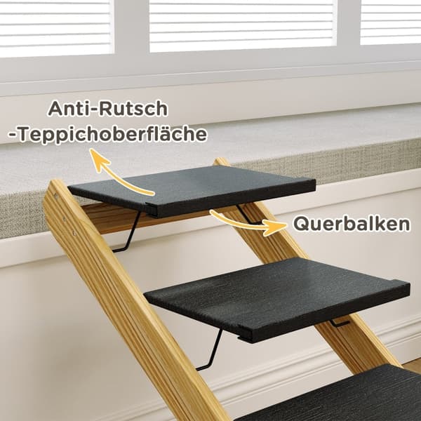 Rootz Pet Stairs - Hundtrappa & -ramp - Furu - Justerbar höjd - Vikbar design - Halkfri yta - 83cm x 40cm x 62,5cm