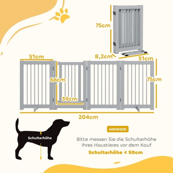Rootz fristående hundgrind med dörr - Säkerhetsstaket för husdjur i trä - 4-panels vikbar design - Hög stabilitet - Grå - 204 cm x 36 cm x 75 cm
