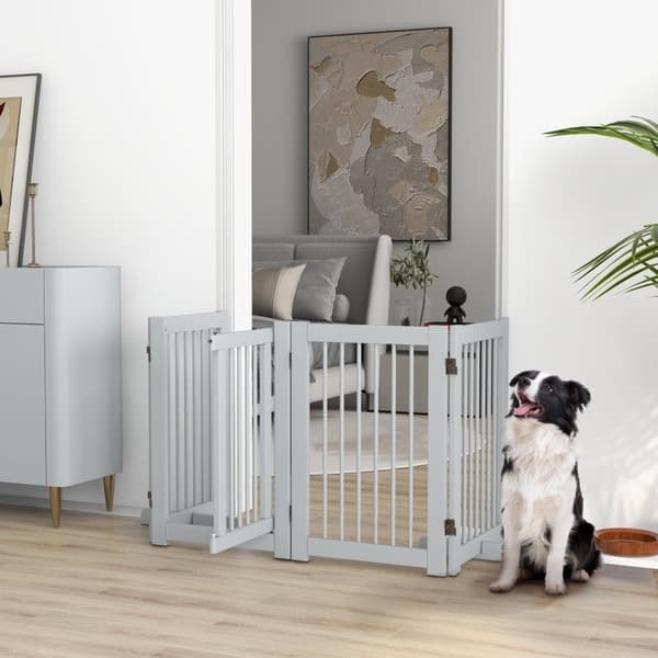 Rootz fristående hundgrind med dörr - Säkerhetsstaket för husdjur i trä - 4-panels vikbar design - Hög stabilitet - Grå - 204 cm x 36 cm x 75 cm