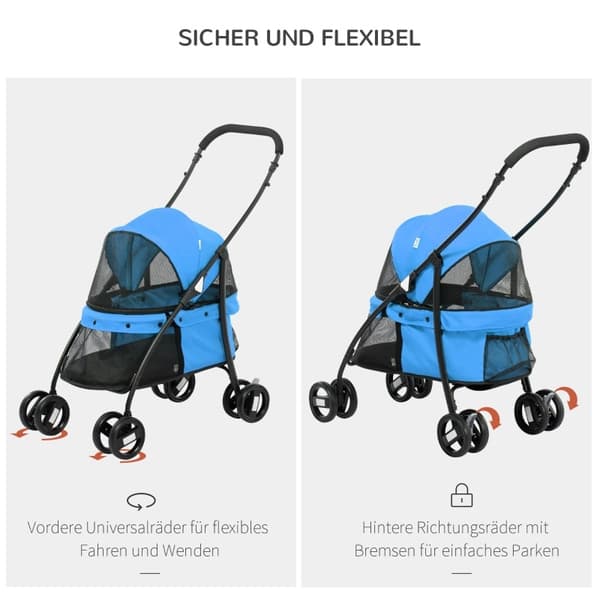 Rootz Dog Buggy - Husdjursvagn - Canopy Cart - Vikbar design - Stålkonstruktion - Blå/Svart - 82cm x 47cm x 97cm