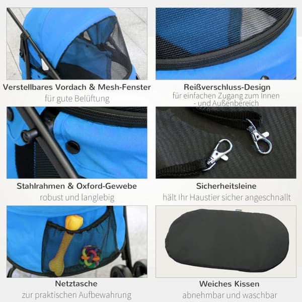 Rootz Dog Buggy - Husdjursvagn - Canopy Cart - Vikbar design - Stålkonstruktion - Blå/Svart - 82cm x 47cm x 97cm