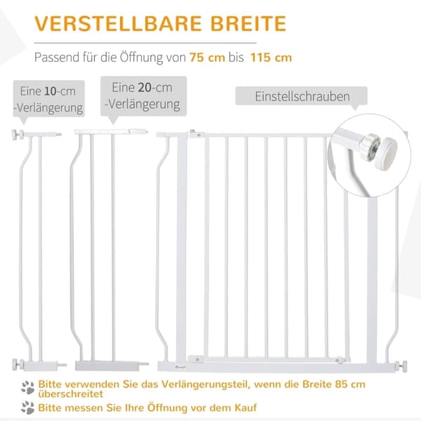 Rootz Door Guard Pet Safety Gate - Robust stål - ABS-plastik - Dobbeltlåsning - Justerbar 75 cm til 115 cm - Vægmontering - 115 x 76 cm
