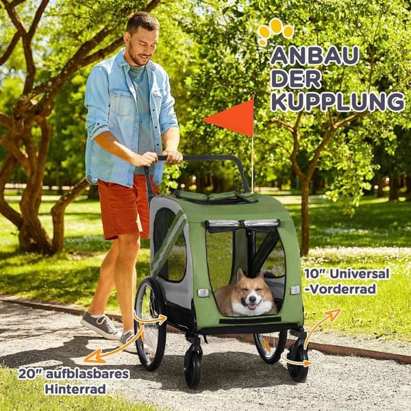 Rootz 2 -i -1 hundvagn & cykel trailer - vikning och väderbeständig - optimal ventilation - 140x72.5x108cm - för hundar upp till 20 kg - grön