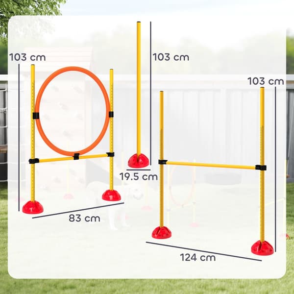 Koiran agilitysetti, Hyppyrengas: 83x19.5x103 cm, Hyppyeste: 124x19.5x103 cm, Slalomkeppi: 19.5x19.5x103 cm, Keltainen ja Oranssi